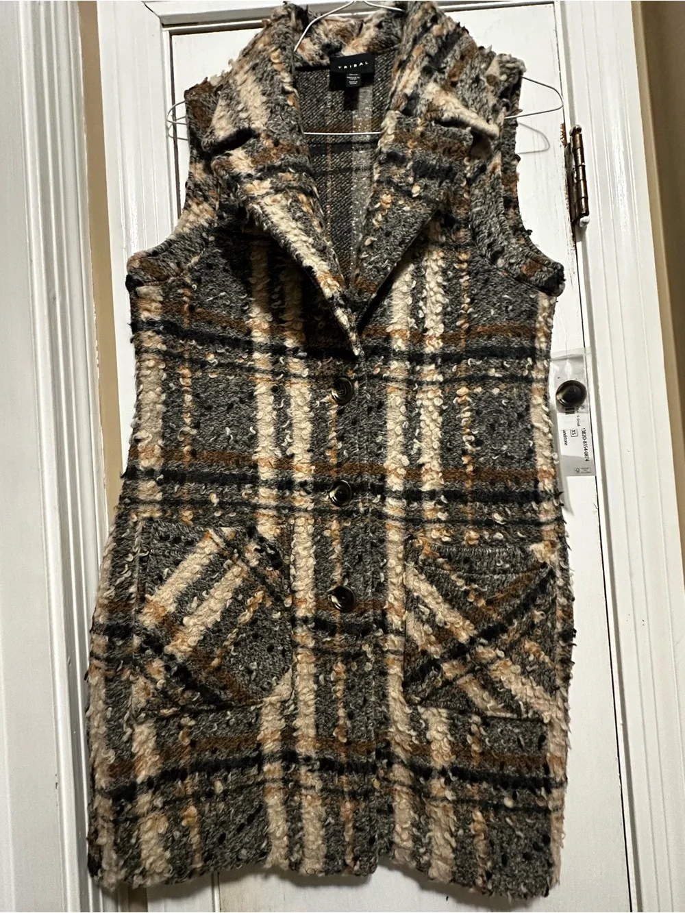 Tribal Bouclé Plaid Vest in Gray, Cream & Brown - Picture 2 of 5